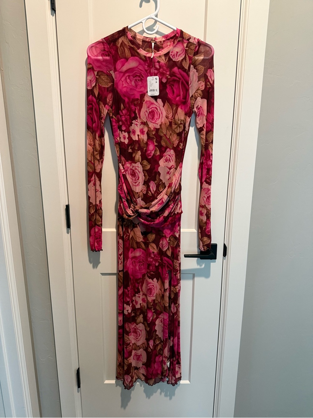 Free People Pink Floral Mesh Long Sleeve Midi Dress